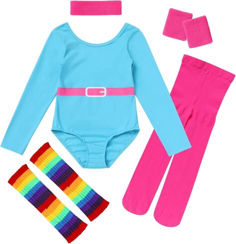 AFAVOM Girls 80s Workout Costume for Kids Halloween Cosplay Outfit Long Sleeve Leotard Leggings Headband 5PCS Accessories Set in Saudi Arabia