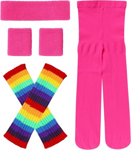 AFAVOM Girls 80s Workout Costume for Kids Halloween Cosplay Outfit Long Sleeve Leotard Leggings Headband 5PCS Accessories Set in Saudi Arabia
