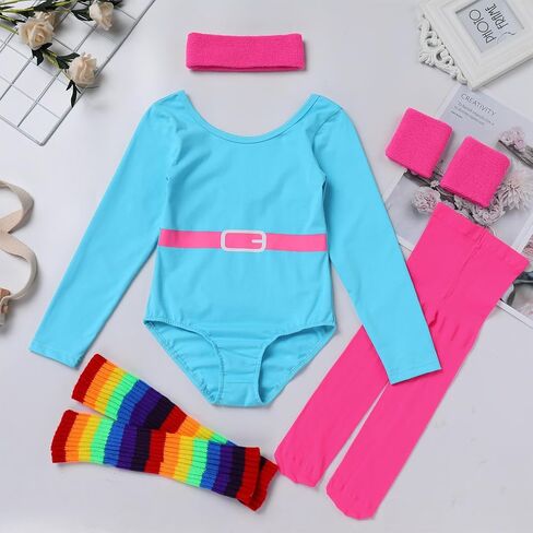 AFAVOM Girls 80s Workout Costume for Kids Halloween Cosplay Outfit Long Sleeve Leotard Leggings Headband 5PCS Accessories Set in Saudi Arabia