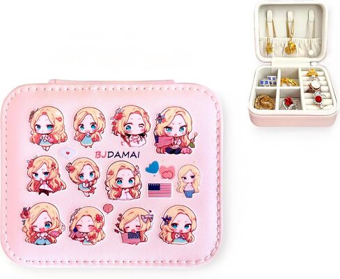 صندوق مجوهرات السفر من BJDAMAI - صندوق مجوهرات للفتيات المراهقات، إكسسوارات أساسيات السفر، هدايا سفر لطيفة، مناسبة للحلقات والأقراط والقلائد وتخزين أحمر الشفاه! (نمط فتاة الكرتون الوردي) in Kuwait