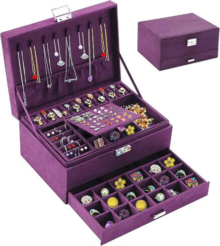 QBestry Women Jewelry Organizer Box Purple Velvet Jewelry Box for Necklace and Earring Rings Bracelets Bangle Jewelry Box Organizer for Women Ladies Jewelry Display Storage Box Case with Lock Key in Saudi Arabia