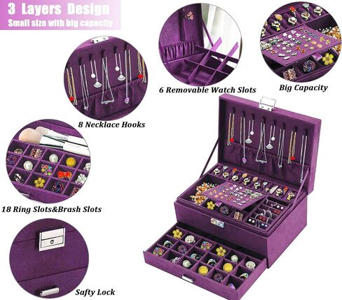 QBestry Women Jewelry Organizer Box Purple Velvet Jewelry Box for Necklace and Earring Rings Bracelets Bangle Jewelry Box Organizer for Women Ladies Jewelry Display Storage Box Case with Lock Key in Saudi Arabia