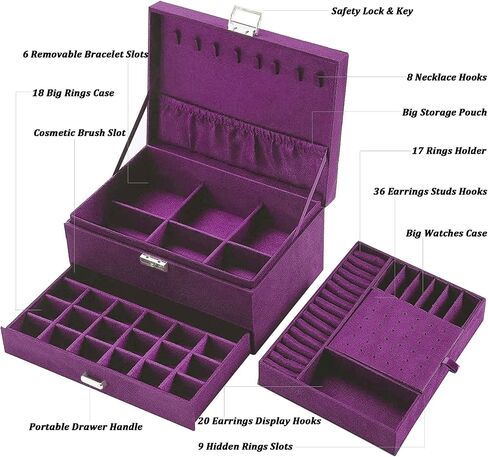 QBestry Women Jewelry Organizer Box Purple Velvet Jewelry Box for Necklace and Earring Rings Bracelets Bangle Jewelry Box Organizer for Women Ladies Jewelry Display Storage Box Case with Lock Key in Saudi Arabia