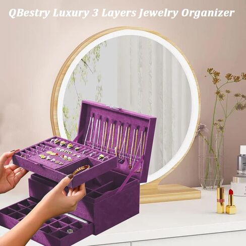 QBestry Women Jewelry Organizer Box Purple Velvet Jewelry Box for Necklace and Earring Rings Bracelets Bangle Jewelry Box Organizer for Women Ladies Jewelry Display Storage Box Case with Lock Key in Saudi Arabia