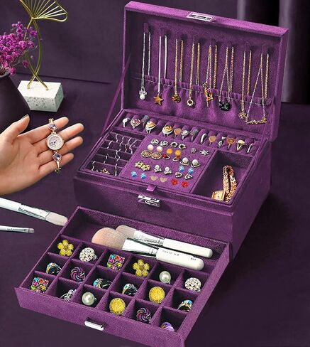 QBestry Women Jewelry Organizer Box Purple Velvet Jewelry Box for Necklace and Earring Rings Bracelets Bangle Jewelry Box Organizer for Women Ladies Jewelry Display Storage Box Case with Lock Key in Saudi Arabia