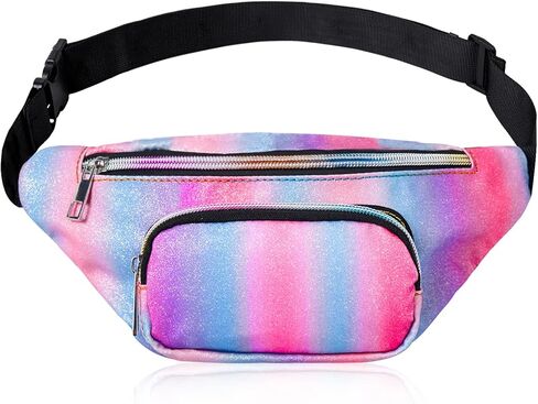 حقائب حزام صغيرة خفيفة الوزن للفتيات من Shiny Fashion Cute Kids Fanny Pack بجيبين بدون استخدام اليدين لقضاء العطلات والحفلات والمهرجانات والرحلات باللون الوردي اللامع (وردي + أزرق) in Kuwait