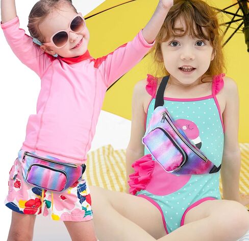 حقائب حزام صغيرة خفيفة الوزن للفتيات من Shiny Fashion Cute Kids Fanny Pack بجيبين بدون استخدام اليدين لقضاء العطلات والحفلات والمهرجانات والرحلات باللون الوردي اللامع (وردي + أزرق) in Kuwait