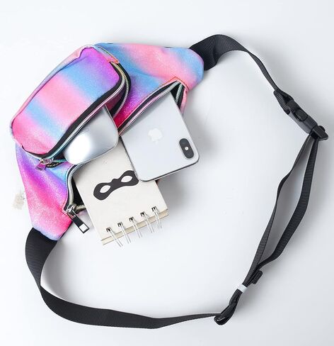 حقائب حزام صغيرة خفيفة الوزن للفتيات من Shiny Fashion Cute Kids Fanny Pack بجيبين بدون استخدام اليدين لقضاء العطلات والحفلات والمهرجانات والرحلات باللون الوردي اللامع (وردي + أزرق) in Kuwait