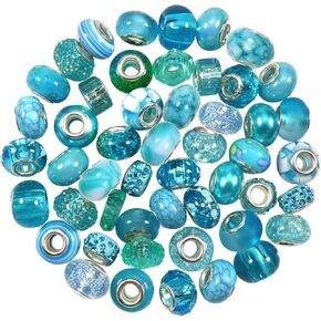 TOAOB 50pcs Assorted Resin European Beads Blue Large Hole Lampwork Spacer Beads Rhinestone Craft Beads for DIY Charms Bracelet Jewelry Making in Kuwait