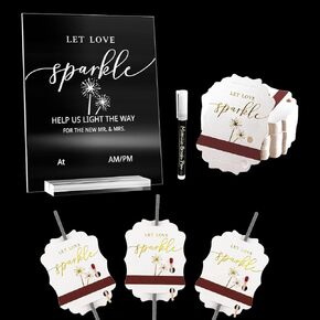 حامل لافتة أكريليك لإرسال الزفاف "Let Love Sparkle" مع مجموعة أقلام تحديد، حامل عرض خروج لامع لحفلات الزفاف الريفية، والذكرى السنوية، والخطوبة، وتزيين طاولة الاستقبال العمودي (8.46 * 10.25 بوصة)...