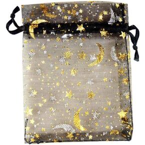 SUNGULF 100Pcs 4x6 Inches Sheer Organza Drawstring Pouches Stars and Moon Wedding Party Favor Jewelry Candy Gift Bags (Black)