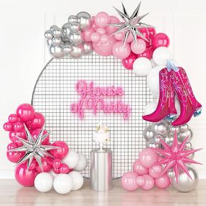 House of Party Cowgirl Balloon Garland Kit Large Pack - 18/12/10/5 Inch Hot Pink Pearl Pink Silver White Balloons with Spiky Star Foil Balloons and Cow Print Backdrop for Western Party