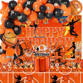 لوازم حفلات أعياد الميلاد لكرة السلة، 272 قطعة من ديكورات الحفلات ذات طابع كرة السلة للأولاد الصغار - الخلفية، الأطباق، الأكواب، المناديل، الأواني، الكعك، أغطية الكب كيك، أغلفة الكب كيك، البالونات، الدوامات المعلقة، مفارش المائدة، الملصقات تخدم 16 ضيفًا in Kuwait