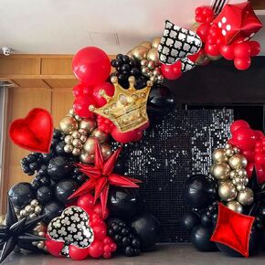 اوينييرو مجموعة قوس بالونات بنمط كازينو باللونين الاحمر والاسود والذهبي مع بالونات على شكل تاج النرد لكازينو رويال واحتفالات اعياد الميلاد والتخرج والمناسبات الليلية في لاس فيغاس وزينة الحفلات in Kuwait