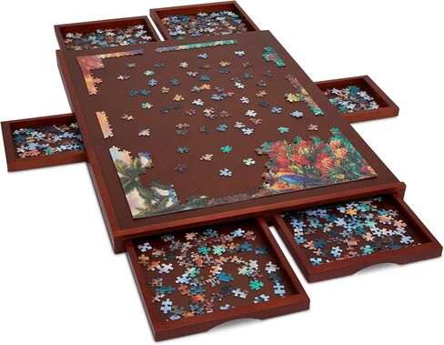 جامبل لوح احجية مع بساط من 1000 قطعة | طاولة احجية الصور المقطوعة الخشبية مقاس 23 انش × 31 انش مع 6 ادراج تخزين وفرز قابلة للازالة | سطح عمل من الفايبر الناعم والخشب الصلب المقوى | للالعاب والاحجيات in Kuwait