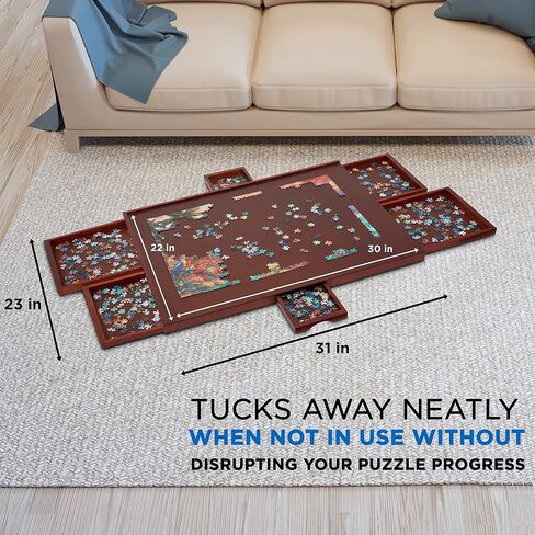 جامبل لوح احجية مع بساط من 1000 قطعة | طاولة احجية الصور المقطوعة الخشبية مقاس 23 انش × 31 انش مع 6 ادراج تخزين وفرز قابلة للازالة | سطح عمل من الفايبر الناعم والخشب الصلب المقوى | للالعاب والاحجيات in Kuwait