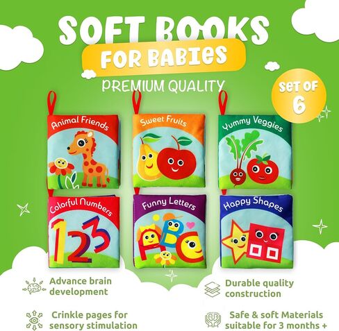 Soft Cloth Books for Babies (Set of 6): Crinkle Touch & Feel Sensory Books for Newborns 0-12 Months, Non-Toxic Washable Baby Books, Tummy Time Toy, for Boys & Girls in Saudi Arabia