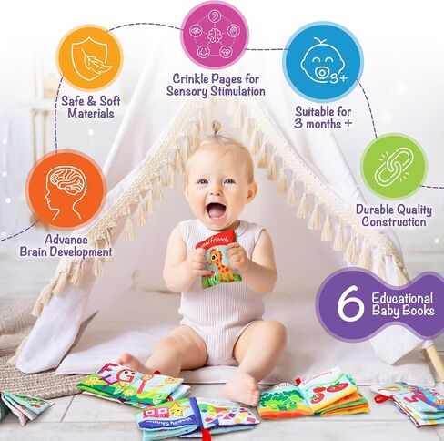 Soft Cloth Books for Babies (Set of 6): Crinkle Touch & Feel Sensory Books for Newborns 0-12 Months, Non-Toxic Washable Baby Books, Tummy Time Toy, for Boys & Girls in Saudi Arabia