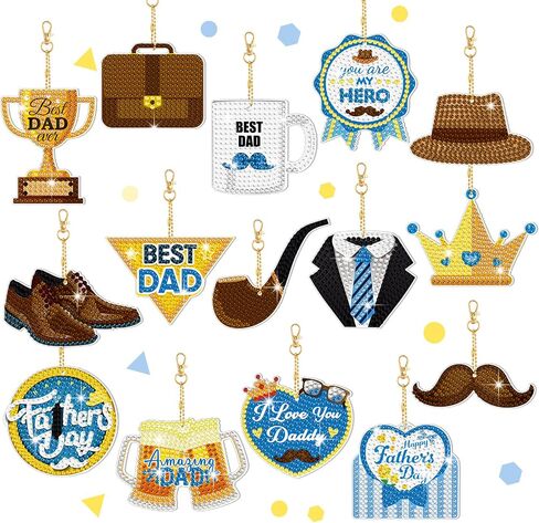 Ecally 15 Pcs Father's Day Diamond Painting Keychain Fathers Day 5D Diamond Art Ornaments Dad Gift Diamond Painting Key Rings for Family Party Decor DIY Craft in Saudi Arabia