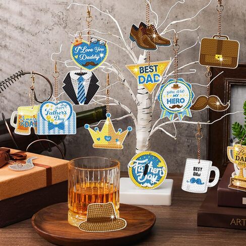 Ecally 15 Pcs Father's Day Diamond Painting Keychain Fathers Day 5D Diamond Art Ornaments Dad Gift Diamond Painting Key Rings for Family Party Decor DIY Craft in Saudi Arabia