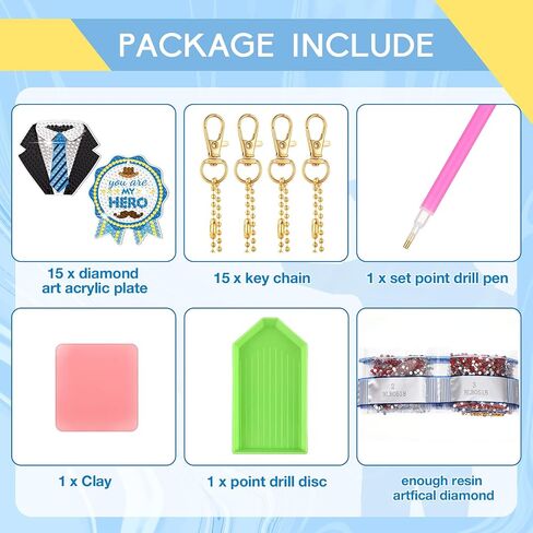 Ecally 15 Pcs Father's Day Diamond Painting Keychain Fathers Day 5D Diamond Art Ornaments Dad Gift Diamond Painting Key Rings for Family Party Decor DIY Craft in Saudi Arabia