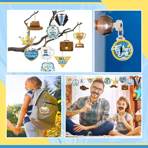 Ecally 15 Pcs Father's Day Diamond Painting Keychain Fathers Day 5D Diamond Art Ornaments Dad Gift Diamond Painting Key Rings for Family Party Decor DIY Craft in Saudi Arabia