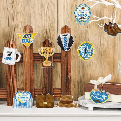 Ecally 15 Pcs Father's Day Diamond Painting Keychain Fathers Day 5D Diamond Art Ornaments Dad Gift Diamond Painting Key Rings for Family Party Decor DIY Craft in Saudi Arabia