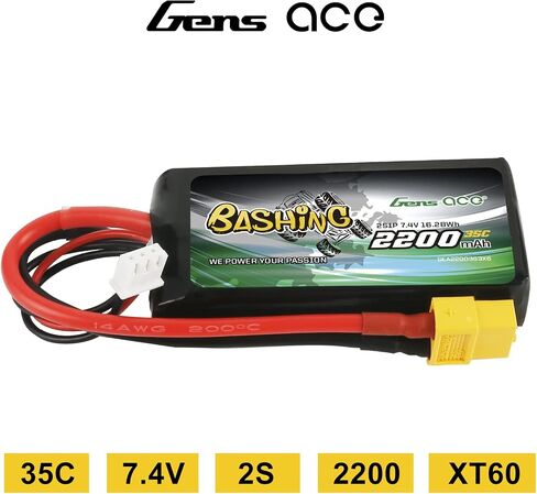 Gens ace 2S Lipo Battery 7.4V 2200mAh 35C Soft Case Pack with XT60 Plug for Ompatible with Rc TRX 1/16 E-Revo VXL Summit Slash Losi 1/14 Mini 8ight and Rc Cars in Saudi Arabia