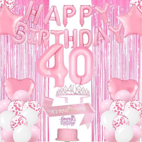 زينة عيد الميلاد الأربعين للنساء - ديكور عيد ميلاد ذهبي وردي 40 لها، لافتة عيد ميلاد سعيد، مفرش طاولة، أعلى الكعكة، وشاح Bday وتاج، مجموعة بالونات لمستلزمات الحفلات التي تبلغ من العمر أربعين عامًا in Kuwait