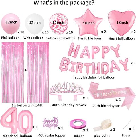 زينة عيد الميلاد الأربعين للنساء - ديكور عيد ميلاد ذهبي وردي 40 لها، لافتة عيد ميلاد سعيد، مفرش طاولة، أعلى الكعكة، وشاح Bday وتاج، مجموعة بالونات لمستلزمات الحفلات التي تبلغ من العمر أربعين عامًا in Kuwait