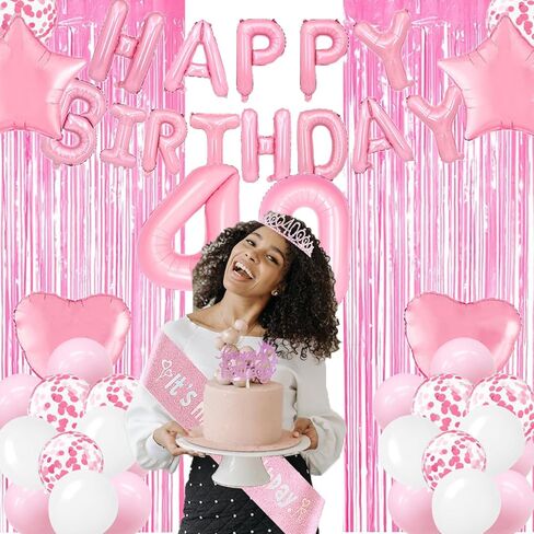 زينة عيد الميلاد الأربعين للنساء - ديكور عيد ميلاد ذهبي وردي 40 لها، لافتة عيد ميلاد سعيد، مفرش طاولة، أعلى الكعكة، وشاح Bday وتاج، مجموعة بالونات لمستلزمات الحفلات التي تبلغ من العمر أربعين عامًا in Kuwait