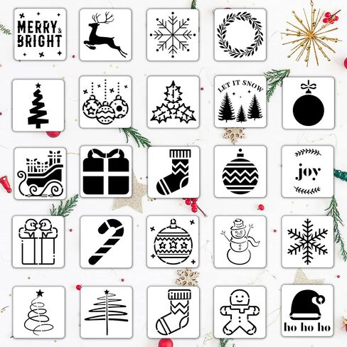 استنسل صغير للكريسماس - 3 × 3 انش | استنسل الكريسماس قابل لاعادة الاستخدام | مجموعة استنسل زينة للعطلات 24 قطعة in Kuwait