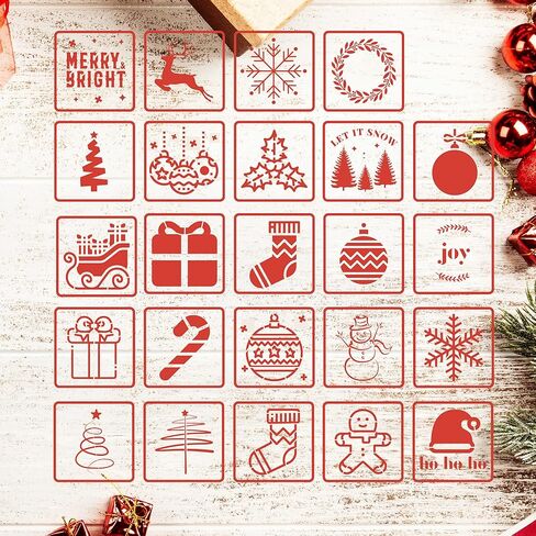 استنسل صغير للكريسماس - 3 × 3 انش | استنسل الكريسماس قابل لاعادة الاستخدام | مجموعة استنسل زينة للعطلات 24 قطعة in Kuwait