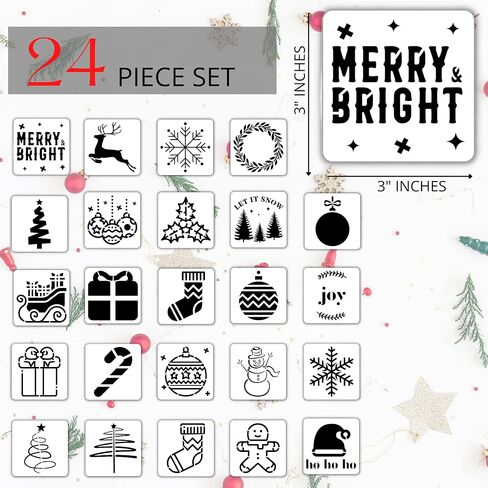 استنسل صغير للكريسماس - 3 × 3 انش | استنسل الكريسماس قابل لاعادة الاستخدام | مجموعة استنسل زينة للعطلات 24 قطعة in Kuwait