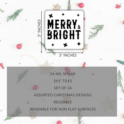 استنسل صغير للكريسماس - 3 × 3 انش | استنسل الكريسماس قابل لاعادة الاستخدام | مجموعة استنسل زينة للعطلات 24 قطعة in Kuwait
