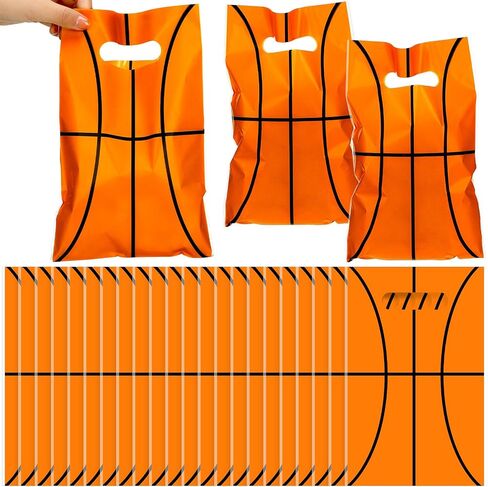 Sinmoe 100 Pcs Basketball Gift Bags Treat Basketball Party Favor Bags Candy Basketball Party Decorations Goodie Basketball Theme Plastic Bags with Handle for Birthday Sport Supplies, 6.5 x 9.84 Inches in Saudi Arabia