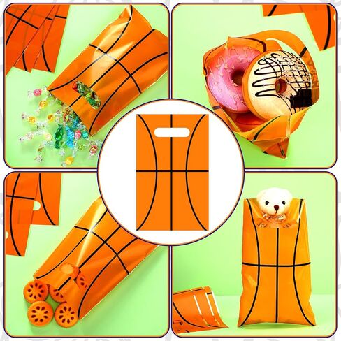 Sinmoe 100 Pcs Basketball Gift Bags Treat Basketball Party Favor Bags Candy Basketball Party Decorations Goodie Basketball Theme Plastic Bags with Handle for Birthday Sport Supplies, 6.5 x 9.84 Inches in Saudi Arabia