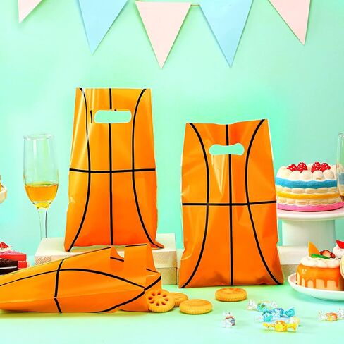 Sinmoe 100 Pcs Basketball Gift Bags Treat Basketball Party Favor Bags Candy Basketball Party Decorations Goodie Basketball Theme Plastic Bags with Handle for Birthday Sport Supplies, 6.5 x 9.84 Inches in Saudi Arabia