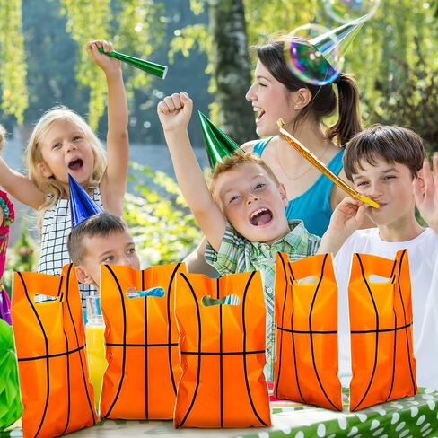 Sinmoe 100 Pcs Basketball Gift Bags Treat Basketball Party Favor Bags Candy Basketball Party Decorations Goodie Basketball Theme Plastic Bags with Handle for Birthday Sport Supplies, 6.5 x 9.84 Inches in Saudi Arabia