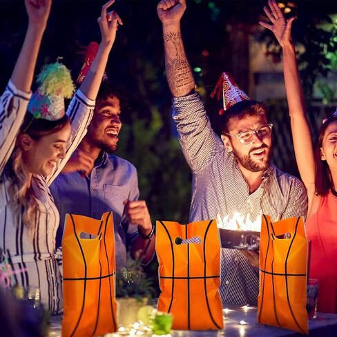 Sinmoe 100 Pcs Basketball Gift Bags Treat Basketball Party Favor Bags Candy Basketball Party Decorations Goodie Basketball Theme Plastic Bags with Handle for Birthday Sport Supplies, 6.5 x 9.84 Inches in Saudi Arabia