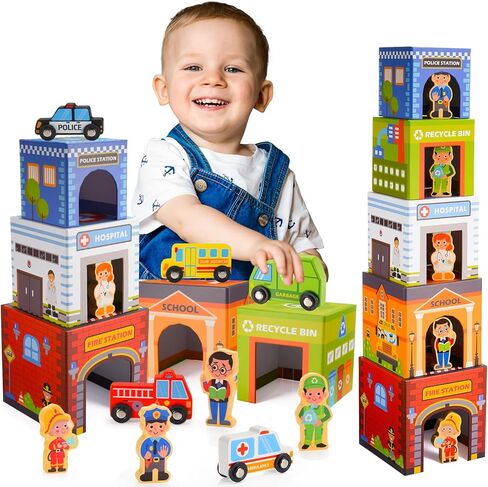Toddler Toys Stacking Toys for Toddlers 1-3, Car Garage Nesting and Sorting Montessori Toys for 1 2 3 Year Old Boys Girls Preschool Educational Learning Toys Baby Number Blocks Nesting Boxes Gifts in Kuwait