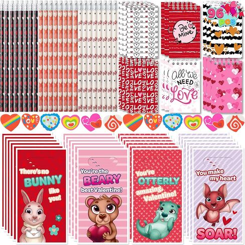 JOYIN 96 Valentines Day Stationery Set with Pencil, Erasers, Mini Notepads & Bags for Valentine day Party Favor, Kids Exchange School Classroom, Birthday Giveaways Gift in Saudi Arabia