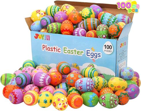 JOYIN 100 Pcs Plastic Printed Bright Easter Eggs 2.3" Tall for Easter Hunt, Basket Stuffers Fillers, Classroom Prize Supplies, Filling Treats and Party Favor in Saudi Arabia