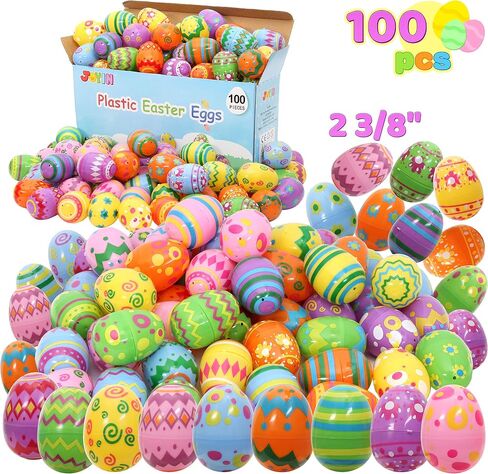 JOYIN 100 Pcs Plastic Printed Bright Easter Eggs 2.3" Tall for Easter Hunt, Basket Stuffers Fillers, Classroom Prize Supplies, Filling Treats and Party Favor in Saudi Arabia