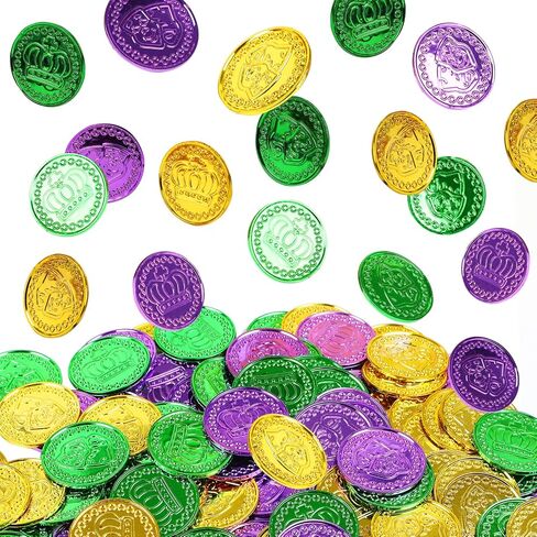 FOIMAS 150pcs Mardi Gras Coins,Bulk Gold Green Purple Plastic Coins for Mardi Gras Throws Parade Table Decoration Party Favor Supply in Saudi Arabia