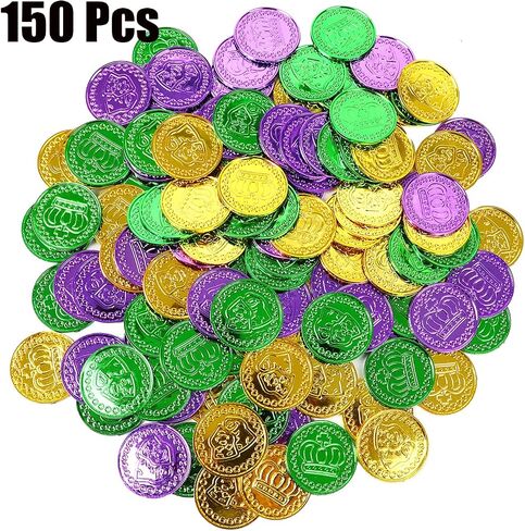 FOIMAS 150pcs Mardi Gras Coins,Bulk Gold Green Purple Plastic Coins for Mardi Gras Throws Parade Table Decoration Party Favor Supply in Saudi Arabia
