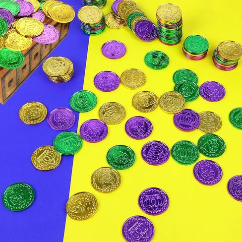 FOIMAS 150pcs Mardi Gras Coins,Bulk Gold Green Purple Plastic Coins for Mardi Gras Throws Parade Table Decoration Party Favor Supply in Saudi Arabia
