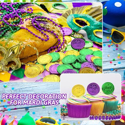 FOIMAS 150pcs Mardi Gras Coins,Bulk Gold Green Purple Plastic Coins for Mardi Gras Throws Parade Table Decoration Party Favor Supply in Saudi Arabia