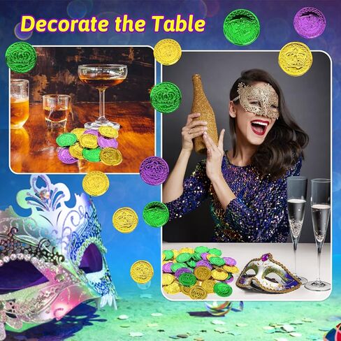 FOIMAS 150pcs Mardi Gras Coins,Bulk Gold Green Purple Plastic Coins for Mardi Gras Throws Parade Table Decoration Party Favor Supply in Saudi Arabia