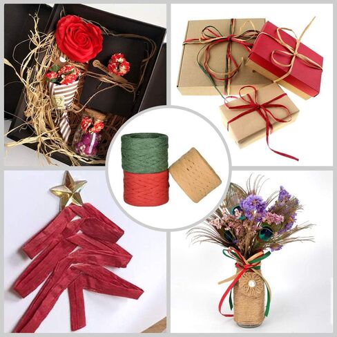 Vancool Raffia Ribbon String, 3 Rolls 492 Feet Red Green Kraft, Packing Paper Twine for Christmas, 164 Feet Each Roll in Kuwait